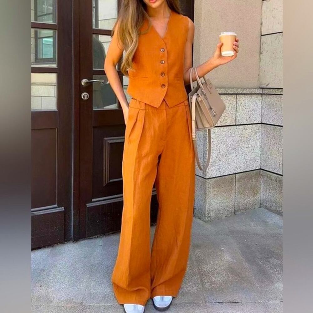 Commense Orange Buttoned Vest and Wide-Leg Pants Set